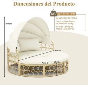 Cama redonda para Jardim exterior com toldo retrátil, assento seccional separado feito de vime PE com almofadas macias Bege