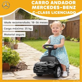 Carro Andador para Crianças Mercedes-Benz Classe C com Buzina Volante Sons de Motor e Espaço de Armazenamento 65x28x39 cm Preto