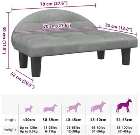Cama para cães 70x52x30 cm veludo cinzento-claro