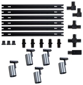 Sistema de iluminação de trilho moderno com 5 focos Gunmetal monofásicos - Iconic Jeana