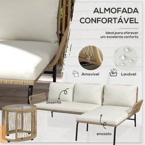Conjunto de Móveis de Jardim em Vime com Sofá de 2 Lugares Chaise Longue Almofadas e Mesa Auxiliar Creme e Madeira