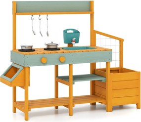 Cozinha de brincar ao ar livre para crianças de madeira 115 x 34,5 x 92 cm com jardineira Pia removível Torneira Fogões Depósito de água amarelo
