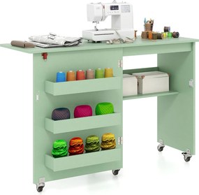 Mesa de costura dobrável 118,5 x 40 x 79,5 cm com estante e 3 compartimentos ocultos com rodas bloqueáveis Verde claro