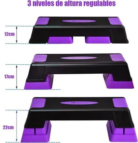Stepper para aeróbica com degraus Step Fitness com altura regulável 12/17/22 cm com plataforma para casa ginásio violeta