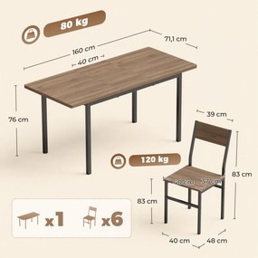 Conjunto de Mesa de Jantar Extensível 120-160 cm e 6 Cadeiras Empilháveis para 4-6 Pessoas Castanho Efeito Madeira