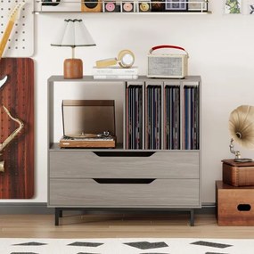 Suporte para gira-discos e para discos de vinil 91 x 36 x 87 cm com compartimento aberto 4 prateleiras e 2 gavetas e pés de metal cinzento