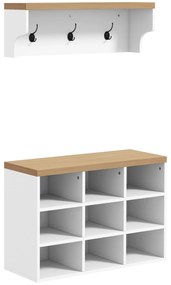 HOMCOM Móvel Cabide de Entrada com Banco Sapateira 2 em 1 Móveis de Entrada com 3 Ganchos 75x30x50 cm e 70x20x22,5 cm Branco | Aosom Portugal