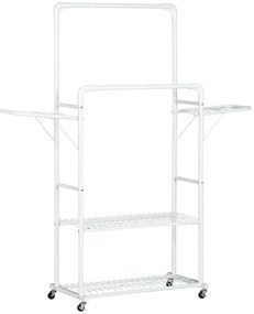 HOMCOM Charriot de Roupa com Rodas 2 Laterais Dobáveis 2 Trilhos 2 Prateleiras Armazenamento 153x43,7x171 cm Branco | Aosom Portugal