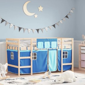 vidaXL Cama alta p/ criança c/ cortinas 90x190 cm pinho maciço azul