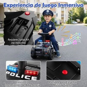 Andador de polícia deslizante para bebés com mais de 18 meses, com luzes, música e sirene, arrumação debaixo do assento, preto