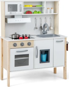 Cozinha de brincar em madeira 72 x 30 x 90 cm com micro-ondas, exaustor, fogão, lava-loiça, forno, máquina de gelo, 18 acessórios, botões, sons e toal