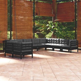 vidaXL 10 pcs conjunto lounge jardim c/ almofadões pinho maciço preto