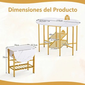Mesa de jantar extensível e dobrável com 2 extensões rebatíveis 110 x 70 x 76 cm, 2 prateleiras de arrumação e Estrutura metálica para espaços pequeno