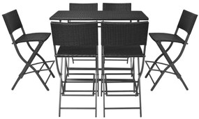 7 pcs conjunto de jantar dobrável jardim aço e vime PE preto