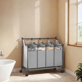 Cesto para roupa suja com rodas, 4 x 35 L, com 4 sacos removíveis 87,5 x 38,5 x 67/81 cm Cinzento