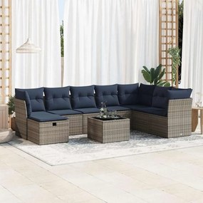 9 pcs conjunto sofás p/ jardim com almofadões vime PE cinzento