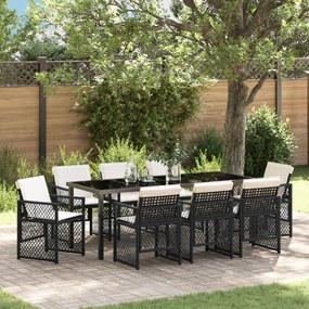 vidaXL Conjunto de Jantar de Jardim de 9 Peças com Almofadas Rattan Preto