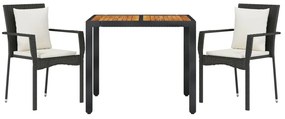 3 pcs conjunto de jantar p/ jardim c/ almofadões vime PE preto
