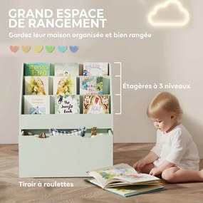 Estante infantil com vários compartimentos, com 3 níveis de prateleiras e uma gaveta, 62,5 L x 30 L x 70 A cm, verde