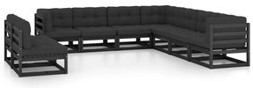 9pcs conjunto longue de jardim c/ almofadões pinho maciço preto