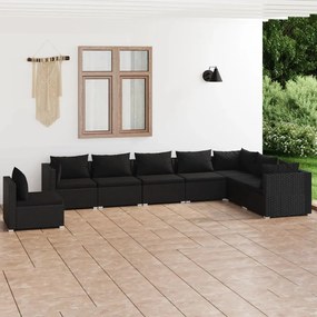 vidaXL 8 pcs conjunto lounge de jardim c/ almofadões vime PE preto