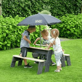 Mesa de piquenique para crianças (2 bancos) com guarda-sol e ferramentas de jardinagem cinzenta