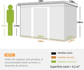 Abrigo de Jardim 280x130x172 cm Abrigo de Exterior de Aço Galvanizado com Porta Corredeira e Ventilações Cinza