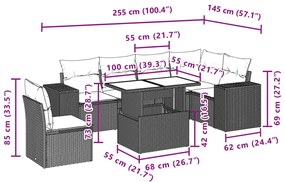 7 pcs conjunto de sofás jardim c/ almofadões vime PE castanho