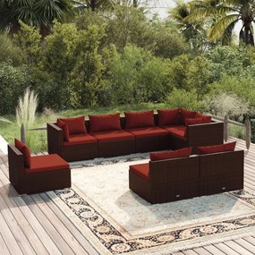 vidaXL 8 pcs conjunto lounge jardim c/ almofadões vime PE castanho