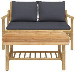 2pcs conj. lounge de jardim bambu c/ almofadões cinzento-escuro