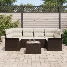 Conjunto de Sofá de Jardim de 7 Peças com Almofadas Castanho Rattan Po