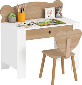 Secretária infantil com cadeira, mesa infantil e cadeira com gaveta e tampo largo, 80 x 41 x 74,5 cm, madeira natural