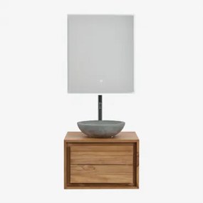 Conjunto De Móvel De Casa De Banho Suspenso Em Madeira De Teca Jabari Madeira De Teca & Cimento Cinzento Redondo Ø40 Cm Tarsis & Led - Sklum