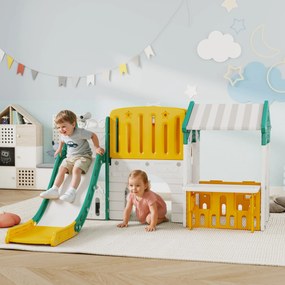 Escorrega Infantil 7 em 1 com Casinha para Crianças com Aro de Basquetebol Túnel Quadro Telescópio 189x180x111 cm Amarelo e Verde