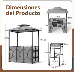 Conjunto de Pérgula para Churrasqueira ou bar 194 x 121 x 242 cm com 2 Bancos Estante Metálica de 2 Níveis com Teto Duplo Cinzento