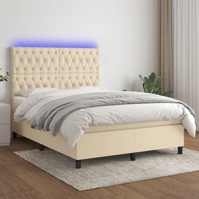 Cama box spring c/ colchão e LED 140x190 cm tecido cor creme