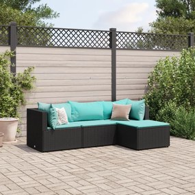 4 pcs conjunto lounge de jardim c/ almofadões vime PE preto