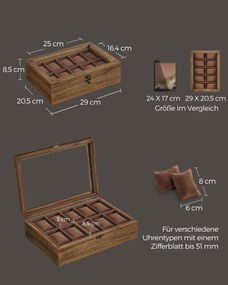 Caixa para relógios com 10 compartimentos em madeira maciça 20,5 x 29 x 8,5 cm na cor de nogueira