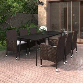 vidaXL 7 pcs conjunto de jantar p/ jardim c/ almofadões vime PE/vidro