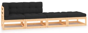 4 pcs conjunto lounge de jardim c/ almofadões pinho maciço