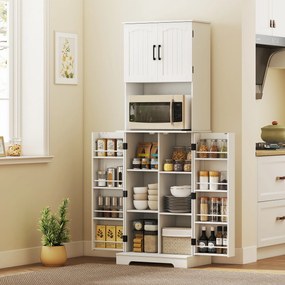 Armário alto de cozinha, 4 portas, bancada, 8 porta-especiarias, prateleiras ajustáveis, 60 x 40 x 181,5 cm, branco