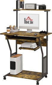 Secretária de Computador com Rodas, 80 x 50 x 130 cm, Prateleiras de Arrumação, Castanho