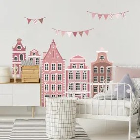 Autocolantes de parede para meninas - Casas cor-de-rosa com grinaldas