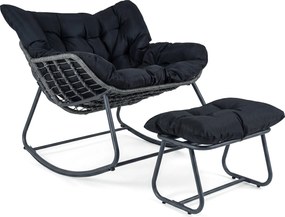 Cadeira de baloiço com apoio para os pés em rattan PE, almofadas removíveis, Estrutura metálica antiderrapante, capacidade de carga de 150 kg, para sa