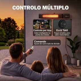 Aquecedor por Infravermelhos para Terraço 2000 W com Capa, IP65, Controlo por App/Tátil/Comando, 9 Níveis e Temporizador