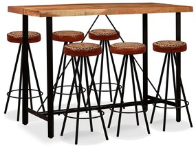 vidaXL Conjunto bar 7 pcs madeira acácia maciça couro genuíno e lona