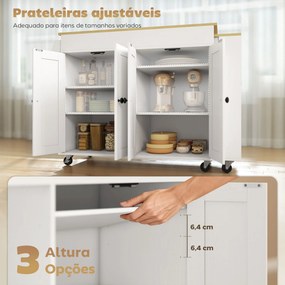 Carrinho,, Ilha de Cozinha com Rodas Tampo Extensível Carrinho de Cozinha com 4 Portas Prateleiras Ajustáveis Estante Lateral Aberta Branco