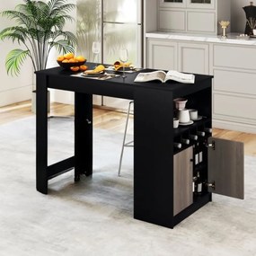 Mesa de bar, cozinha com prateleiras para vinhos 120 x 60 x 91,5 cm e compartimentos abertos e 2 portas, para 2 pessoas Preto + Cinza