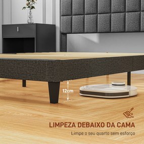 Estrutura de Cama 135x190 cm com Cabeceira Estofada em Linho e Espaço de Armazenamento Debaixo da Cama Cinza