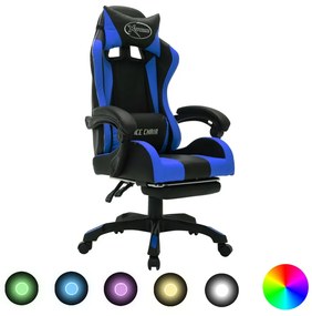 Cadeira estilo corrida c/ luzes LED RGB couro artif. azul/preto